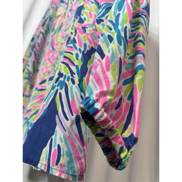 Lilly Pulitzer 100% Silk Elsa Top Indigo Palm Reader Boho Resort Palm Beach SM - Picture 3 of 7